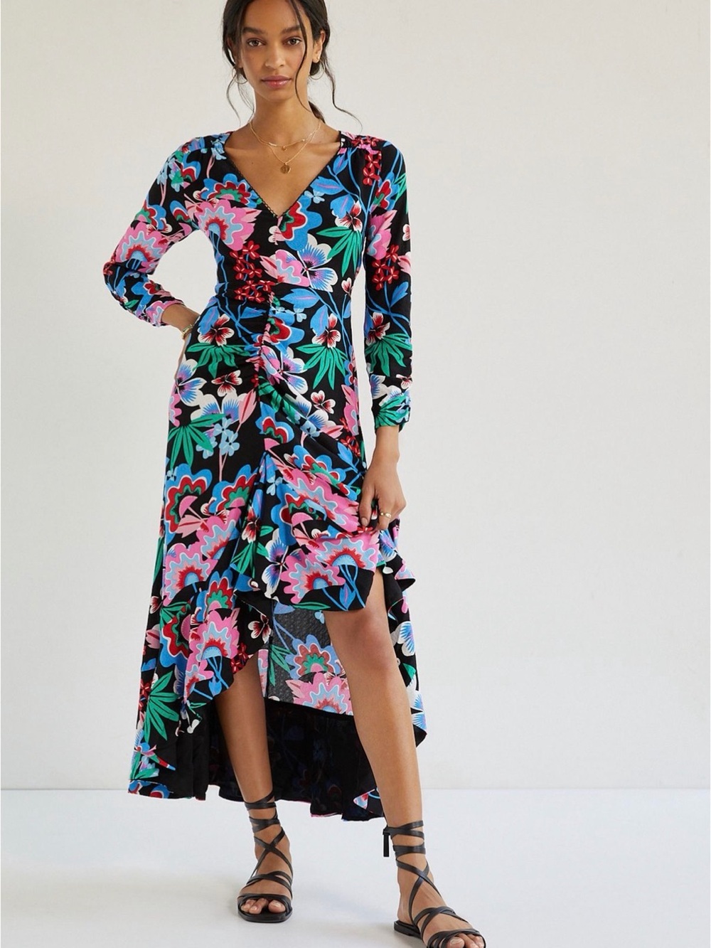 Anthropologie Maeve Ruched Floral High-Low Maxi Dress Petite